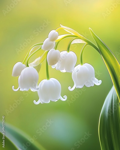 Delicate white lily of the valley flowers blooming in soft sunlight photo