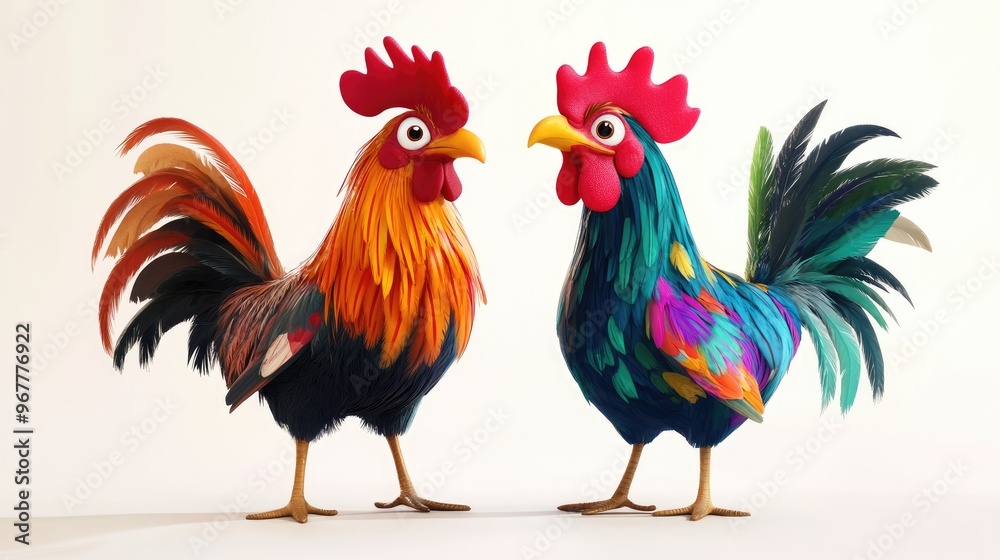 Fototapeta premium Two colorful animated roosters stand proudly against a simple white background, bold and vibrant.