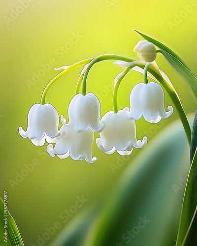 Delicate white lily of the valley flowers blooming in soft sunlight photo