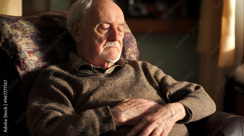 An elderly man sitting in a recliner, one hand massaging his stomach, eyes closed, trying to alleviate the discomfort