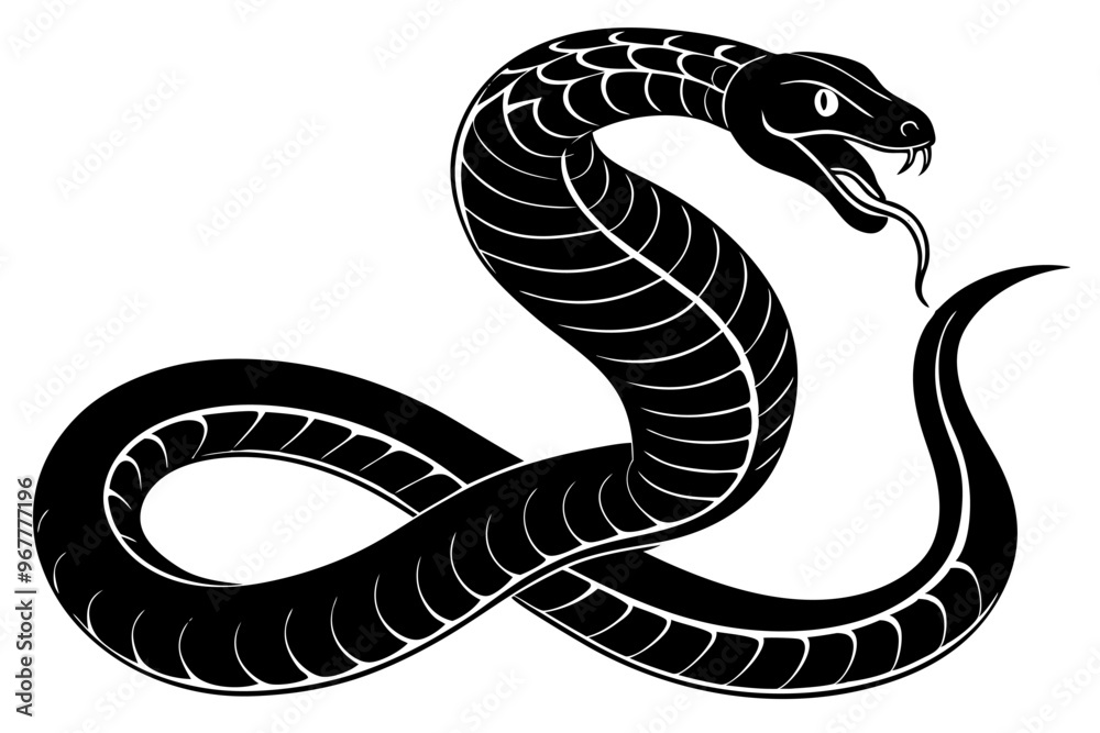 Fototapeta premium A black and white snake cartoon vector illustration depicts a reptile serpent