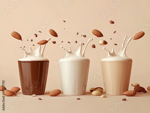 create a almond milk , chocolate milk , nut milk challenge poster with a verity of nut milks in cups photo