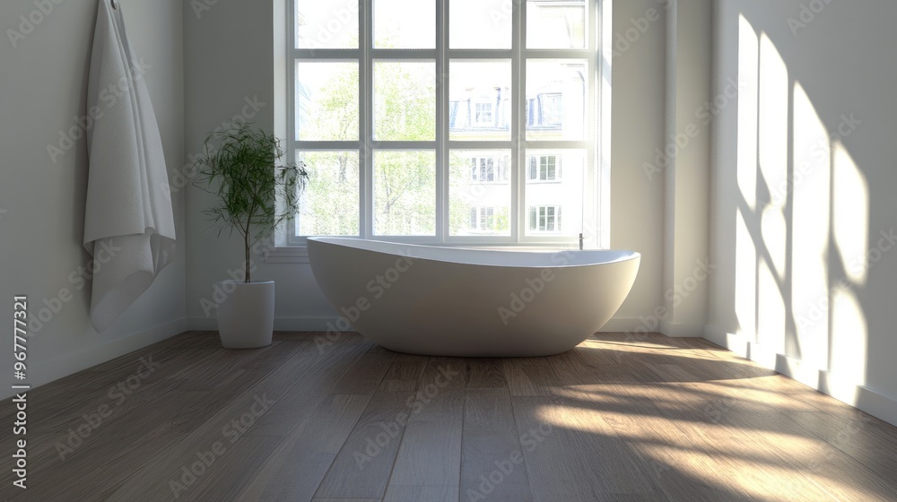 Modern bathroom interior with white bathtub, wooden floor, and large window with sunlight streaming through. Modern bathroom interior with white bathtub, wooden floor, and large window with sunlight streaming through.