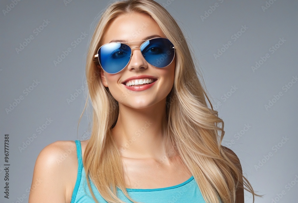 pretty, blonde and smiling woman with sunn glasses, portrait photography