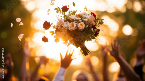 A bouquet of flowers is being thrown into the air by a group of people. The scene is lively and joyful, with everyone participating in the celebration. The flowers are scattered around the sky