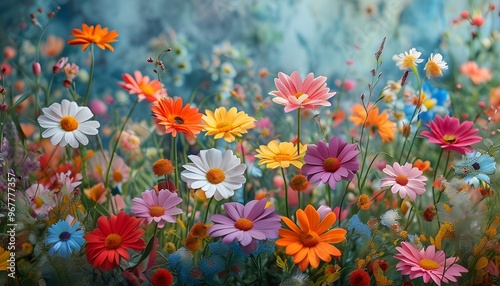 vibrant flower garden backdrop showcasing wildflowers and daisies in a stunning array of colors for an enchanting floral exhibition atmosphere