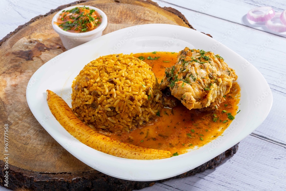 A vibrant, traditional Ecuadorian dish, Seco de Pollo, served with flavorful yellow rice and fried plantains. The dish features a tender chicken leg simmered in a rich, aromatic sauce made from tomato A vibrant, traditional Ecuadorian dish, Seco de Pollo, served with flavorful yellow rice and fried plantains. The dish features a tender chicken leg simmered in a rich, aromatic sauce made from tomato