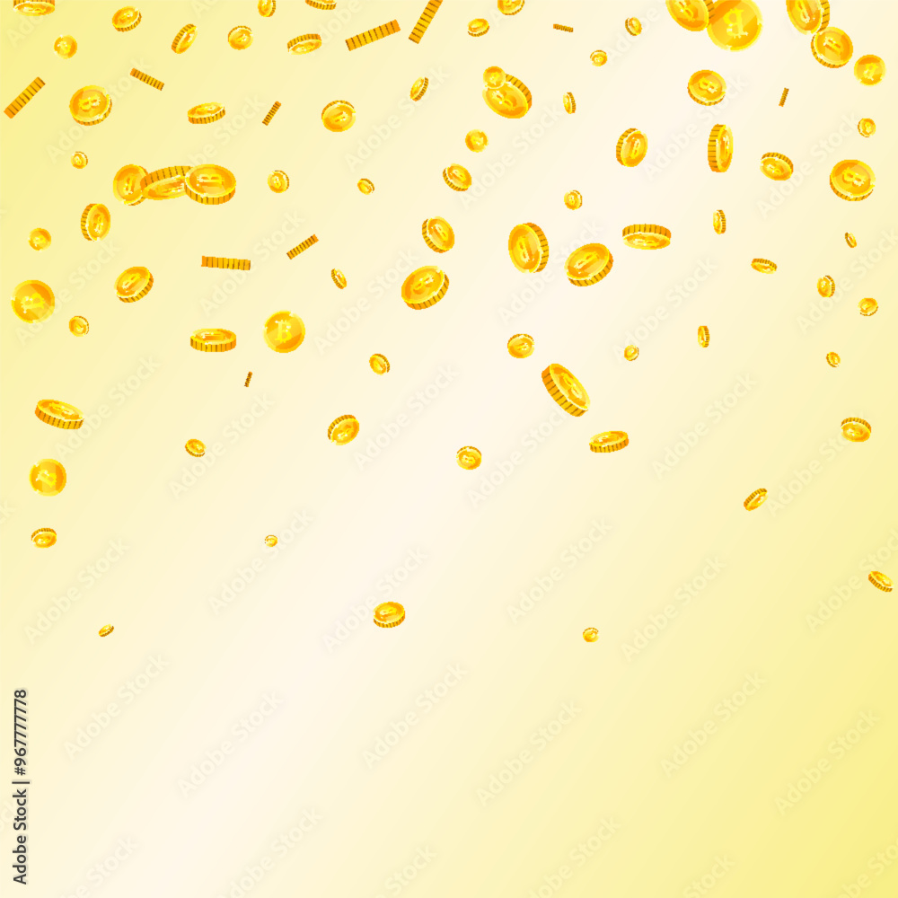 Bitcoin coins falling. Cryptocurrency scattered