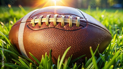 Close-up of a leather-bound official-sized football resting on lush green grass, its panels and laces glistening in photo