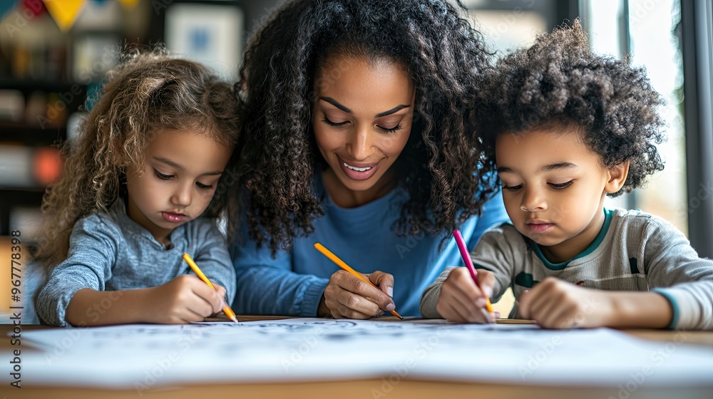 Mom and her children color together. A family bonding over a creative activity. Mom and her children color together. A family bonding over a creative activity.