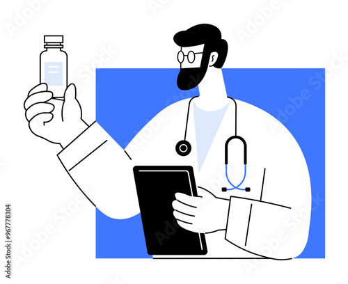 A doctor holds a medication bottle and a tablet, symbolizing modern healthcare. Ideal for medical, health, tech, education, pharmaceutical. Simple, modern, clean style.