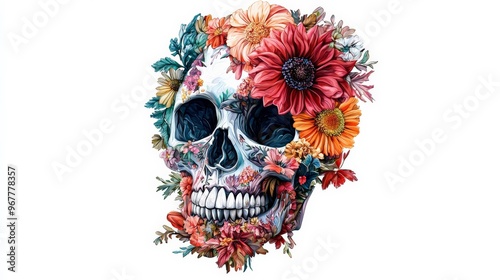 Floral skull design, merging life and death, colorful and detailed