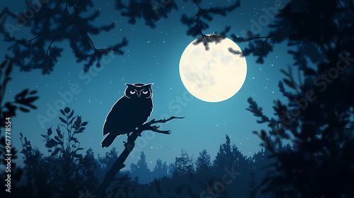 Illustration of an owl at full moon night. Full Moon Night. Illustration