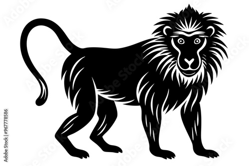A wild cat animal vector illustration shows a cartoon lion silhouette, a mammal drawing with a tail, suitable as a symbol or tattoo design from the zoo