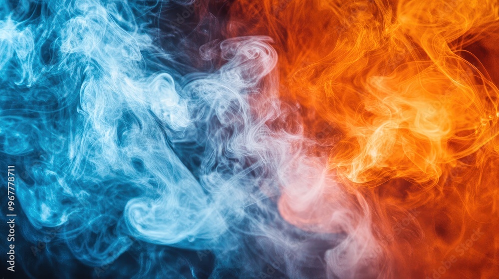 Vibrant orange and cool blue smoke mix, creating an energetic abstract clash of fire and ice. Vibrant orange and cool blue smoke mix, creating an energetic abstract clash of fire and ice.