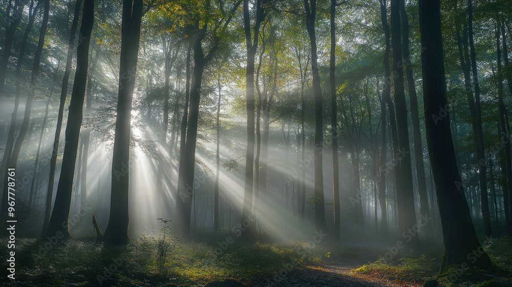 Obraz premium A serene forest scene with sunlight filtering through misty trees, creating a tranquil atmosphere.