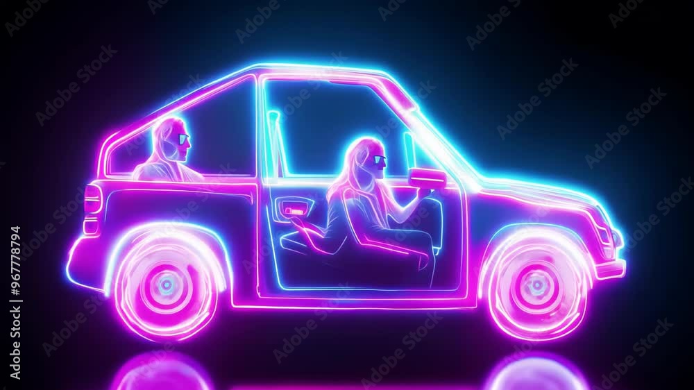 neon outline of a car with people inside, depicting a futuristic and abstract style on a black background. neon outline of a car with people inside, depicting a futuristic and abstract style on a black background.