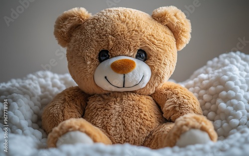 Adorable brown teddy bear sitting on a white cozy blanket