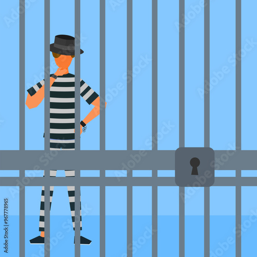 Male prisoner behind bars cartoon character vector illustration. Suitable for security breach, crime, punishment, and law content