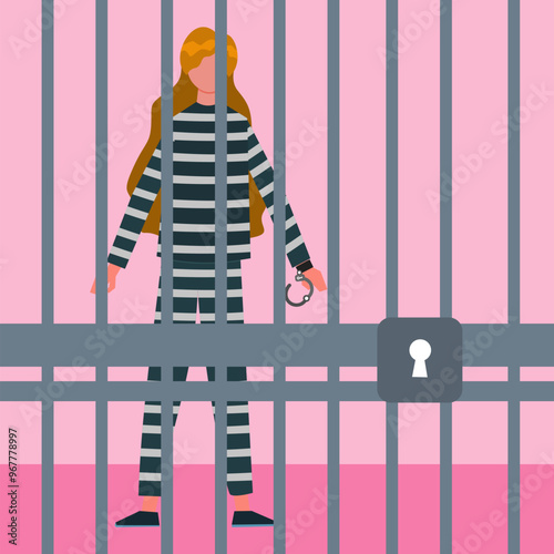 Female prisoner behind bars cartoon character vector illustration. Suitable for security breach, crime, punishment, and law content