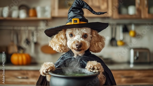 A playful dog in a witch hat stirs a bubbling cauldron, capturing the spirit of Halloween with charm and whimsy.