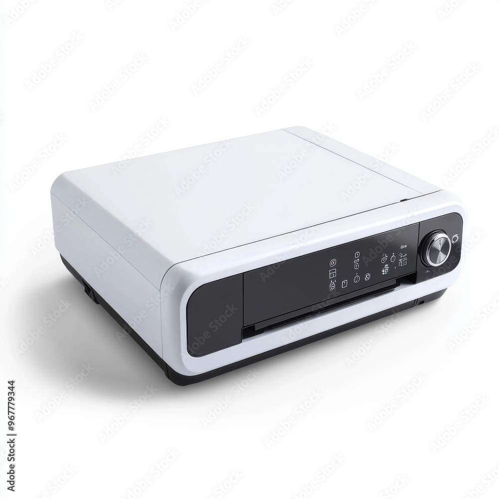 A sleek and compact white printer with black accents, featuring digital controls, isolated on a plain white background. A sleek and compact white printer with black accents, featuring digital controls, isolated on a plain white background.