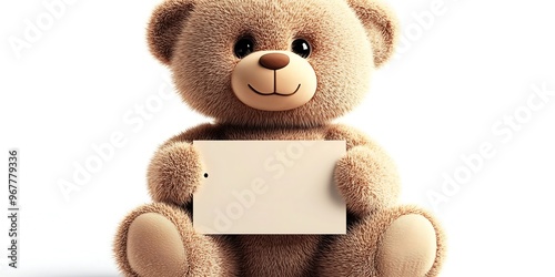 Cute brown teddy bear sitting on a white bed photo