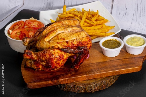 Deliciously charred and smoky Pollo a la Brasa (grilled chicken) served whole and in pieces, accompanied by crispy fries, fresh salad, and a flavorful dipping sauce. A classic Latin American dish, coo photo