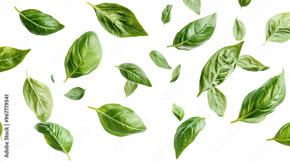 Basil leaves falling from above, aromatic and fresh, isolated on a white background, Italian herb Basil leaves falling from above, aromatic and fresh, isolated on a white background, Italian herb