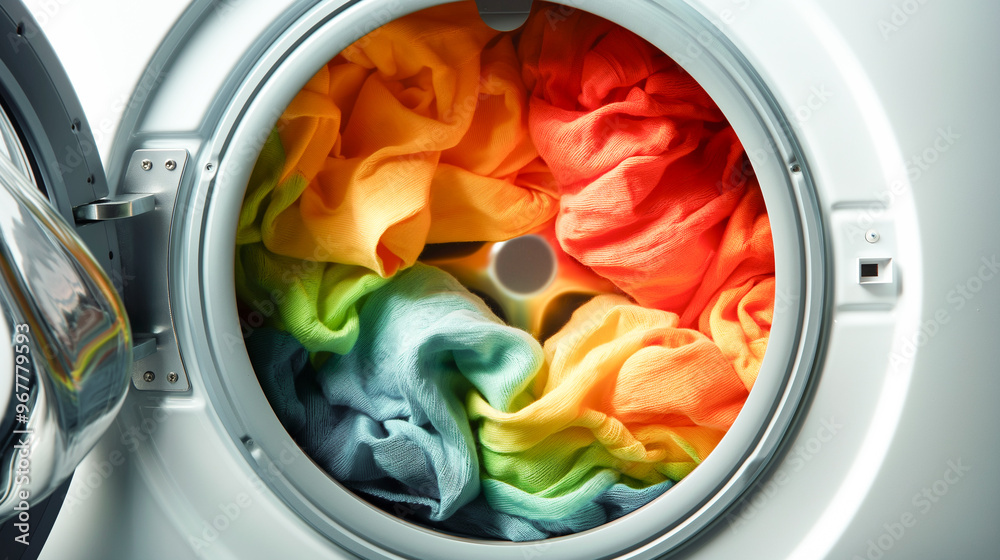 washing machine drum with colorful clothes inside. concept of washing, laundry and detergents for colored clothes washing machine drum with colorful clothes inside. concept of washing, laundry and detergents for colored clothes