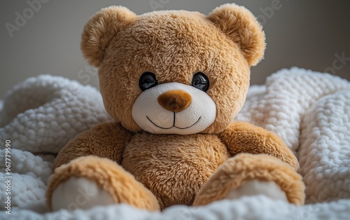 Adorable brown teddy bear sitting on a white cozy blanket photo