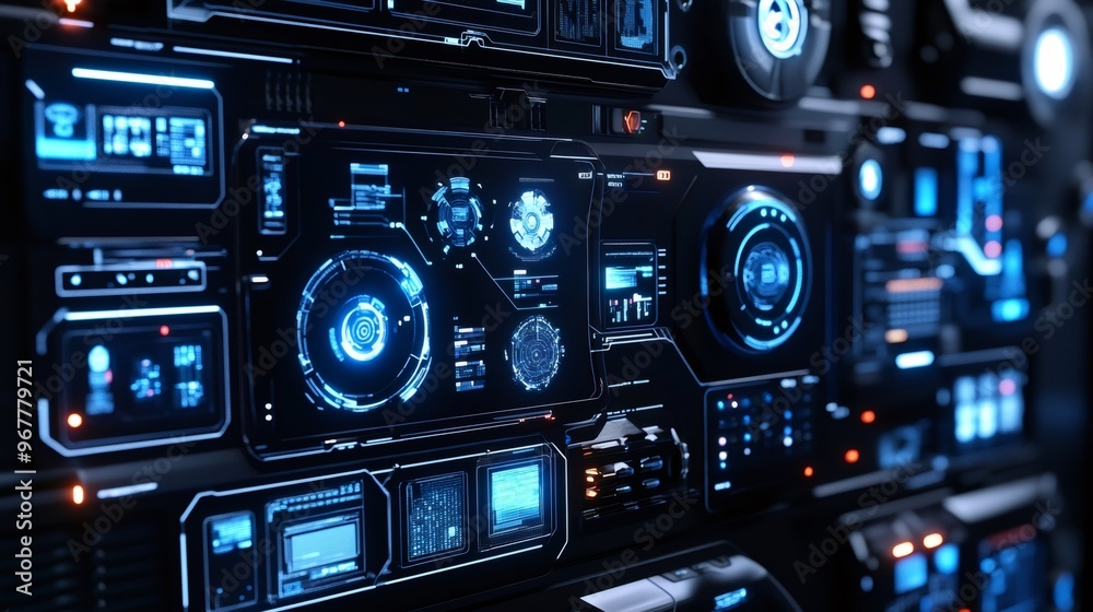 Fototapeta premium Futuristic digital interface with glowing blue screens and controls, showing technical data.