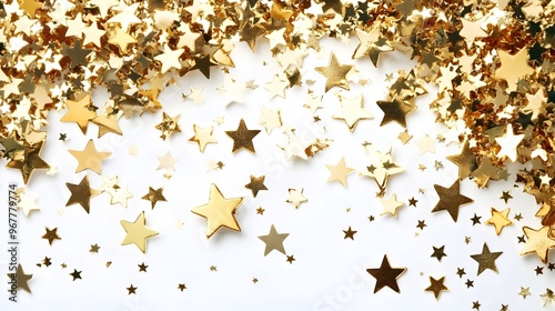 Gold confetti stars close up on a white background photo