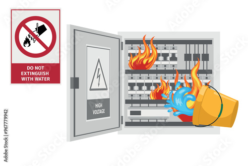 Do not extinguish with water. Dangerous reaction from the application of water to a burning substance. Electrical panel short circuited and on fire. Putting out the fire with a bucket of water