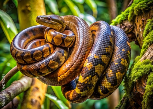 Coiled sucuri snake, also known as anaconda, wraps tightly around a tree branch in a lush, tropical rainforest, photo