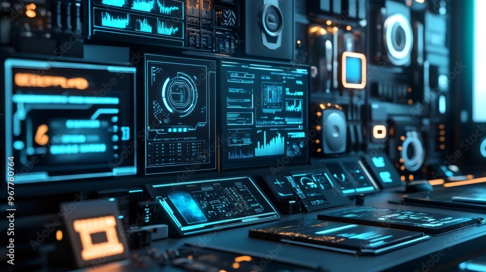 Futuristic control panel with glowing blue digital interfaces and screens. Futuristic control panel with glowing blue digital interfaces and screens.