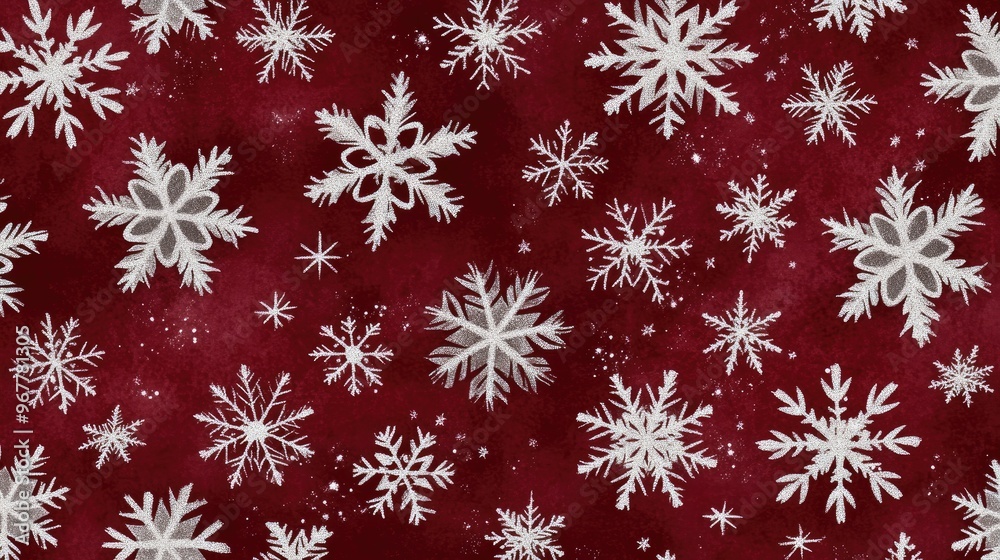 A seamless Christmas background with snowflakes in white and silver, set against a deep red backdrop, perfect for holiday designs A seamless Christmas background with snowflakes in white and silver, set against a deep red backdrop, perfect for holiday designs