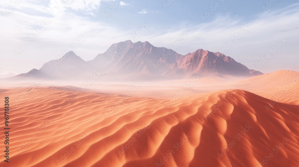 Windblown desert landscape with rippling sand patterns and a distant mountain range under a hazy sky Windblown desert landscape with rippling sand patterns and a distant mountain range under a hazy sky