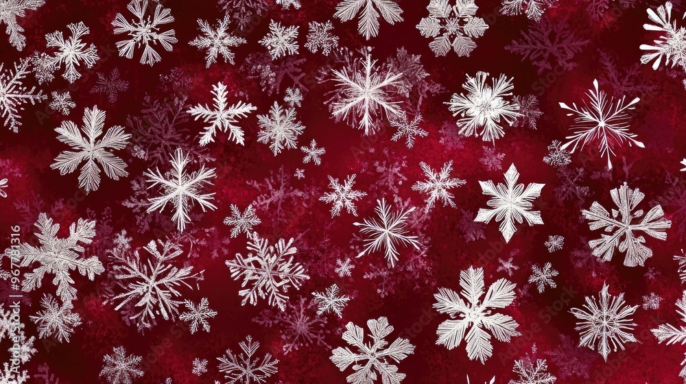 A seamless Christmas background with snowflakes in white and silver, set against a deep red backdrop, perfect for holiday designs A seamless Christmas background with snowflakes in white and silver, set against a deep red backdrop, perfect for holiday designs