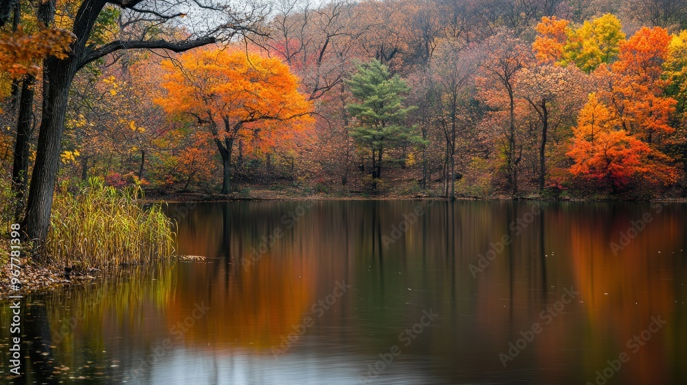 Serene autumn landscape reflecting vibrant foliage in a calm lake. Serene autumn landscape reflecting vibrant foliage in a calm lake.
