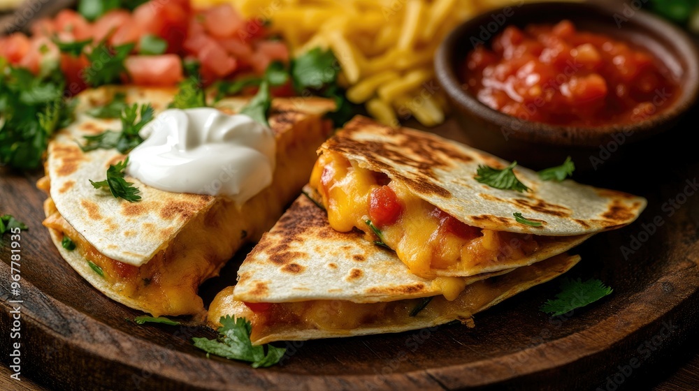 A cheesy quesadilla with melted cheese oozing out, served with salsa and sour cream for dipping. A cheesy quesadilla with melted cheese oozing out, served with salsa and sour cream for dipping.