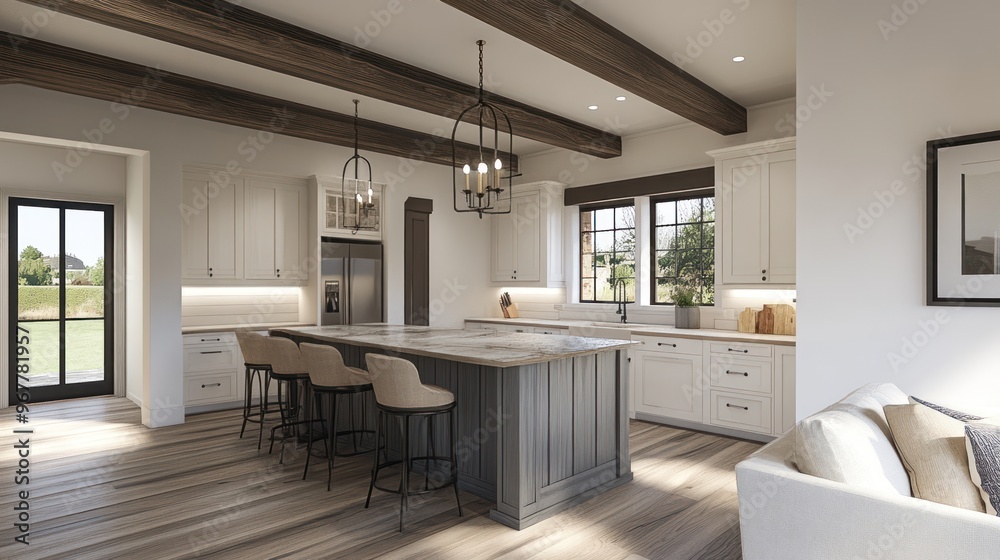Modern kitchen with wooden beams, stainless steel appliances, white cabinets, kitchen island, and a large window. Modern kitchen with wooden beams, stainless steel appliances, white cabinets, kitchen island, and a large window.