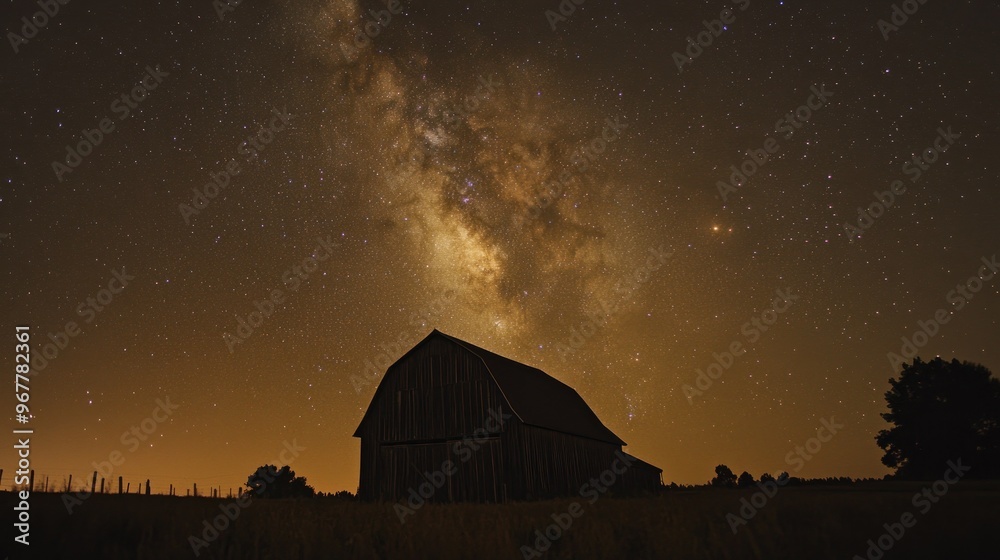 A serene night scene featuring a barn under a starry sky with the Milky Way visible.