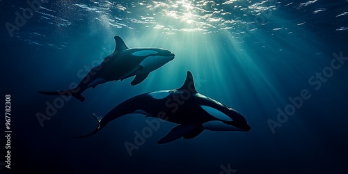 Two orca whales swimming gracefully in deep blue ocean photo