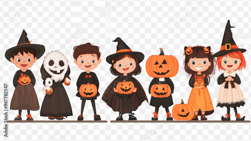 Halloween vector of seven children in costumes with space to write.