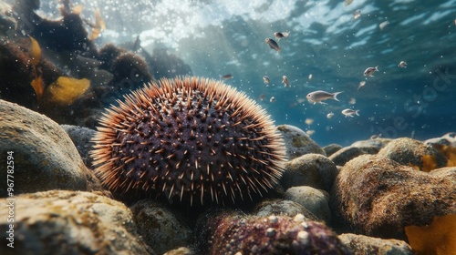 A close-up of a sea urchin nestled among rocks on the ocean floor, with tiny fish swimming nearby. photo