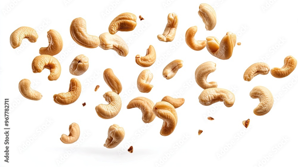 Cashews falling from above, crunchy and healthy, isolated on a white background Cashews falling from above, crunchy and healthy, isolated on a white background