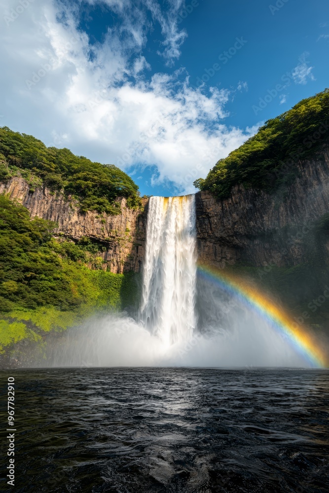 Fototapeta premium A majestic waterfall cascading down a cliff, surrounded by lush greenery and a rainbow forming in the mist