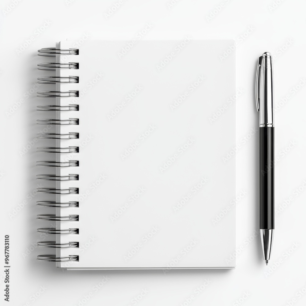 A minimalist desk setup with a laptop, notebook, and pen A minimalist desk setup with a laptop, notebook, and pen