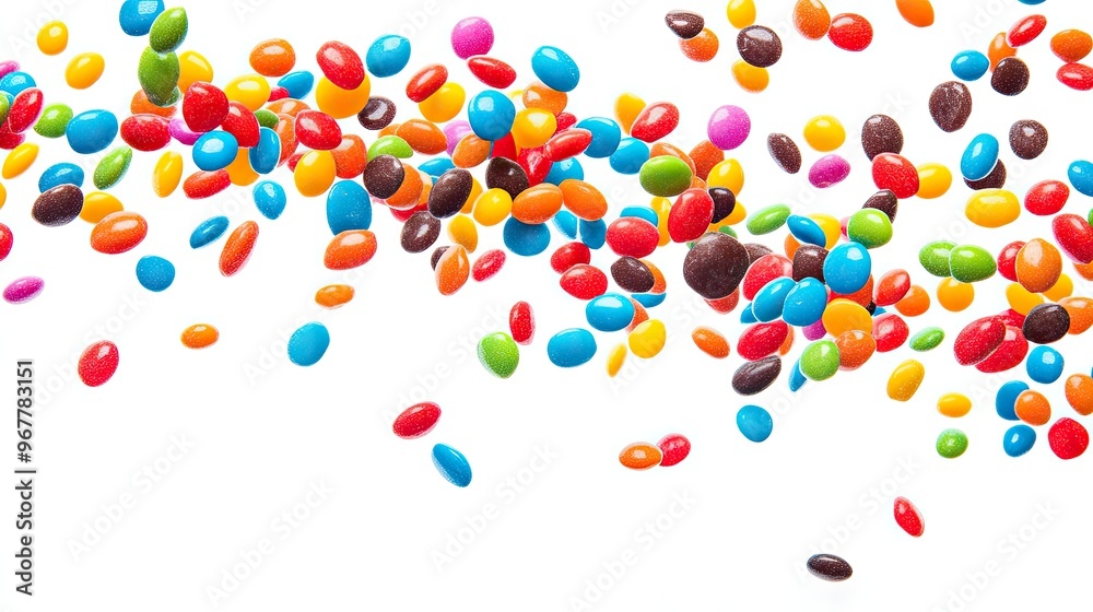 Colorful candy pieces falling from above, vibrant and fun, isolated on a white background, mid-air capture Colorful candy pieces falling from above, vibrant and fun, isolated on a white background, mid-air capture